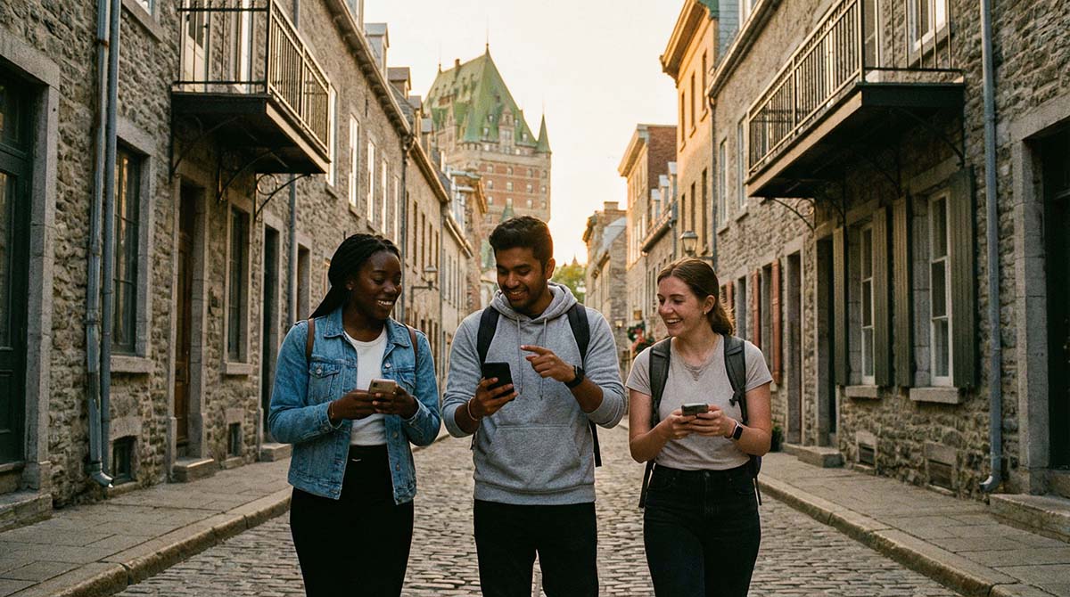 Cobblestone street in Old Quebec with the Château Frontenac in the distance