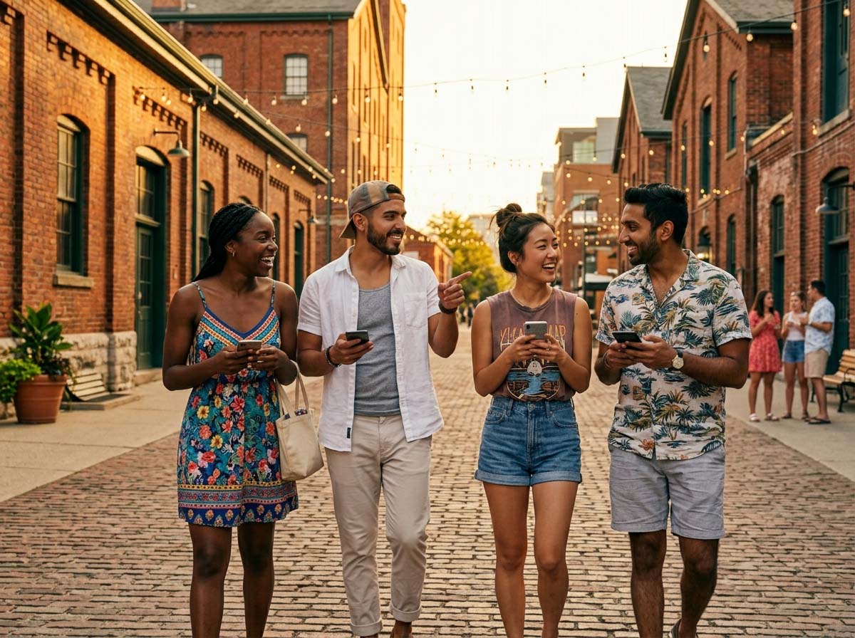 Friends exploring Toronto streets on an urban adventure game